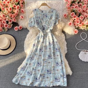 round Neck Ruffled off-the-Shoulder Printed Dress Short Sleeve Summer New Elegant Waist-Controlled Large Hem Long Dress