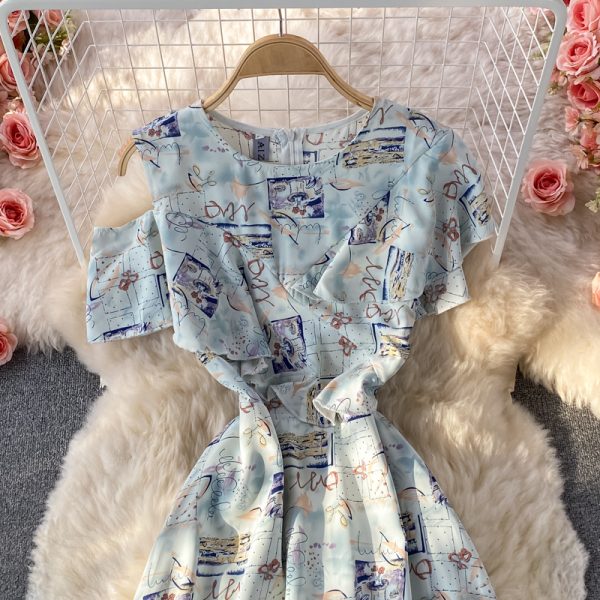 round Neck Ruffled off-the-Shoulder Printed Dress Short Sleeve Summer New Elegant Waist-Controlled Large Hem Long Dress - Image 3