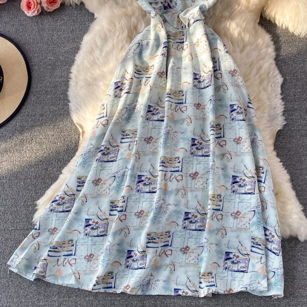 round Neck Ruffled off-the-Shoulder Printed Dress Short Sleeve Summer New Elegant Waist-Controlled Large Hem Long Dress - Image 4