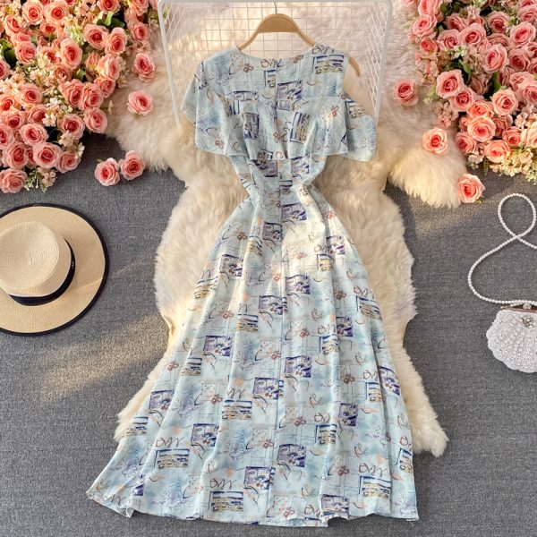 round Neck Ruffled off-the-Shoulder Printed Dress Short Sleeve Summer New Elegant Waist-Controlled Large Hem Long Dress - Image 5
