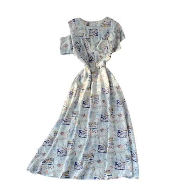 round Neck Ruffled off-the-Shoulder Printed Dress Short Sleeve Summer New Elegant Waist-Controlled Large Hem Long Dress - Image 6