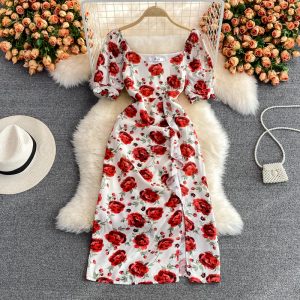 French Style Retro Kikyo Tea Dress Rose Dress Tight Waist Slimming Elegant Slightly Mature Style Split Floral Dress for Women