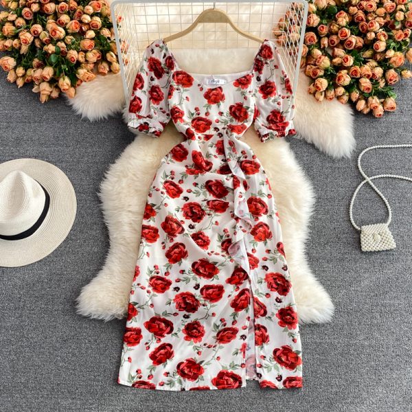 French Style Retro Kikyo Tea Dress Rose Dress Tight Waist Slimming Elegant Slightly Mature Style Split Floral Dress for Women