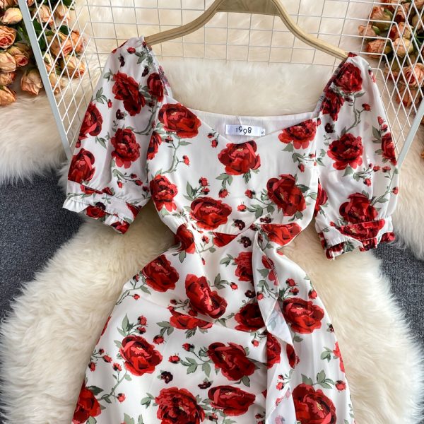 French Style Retro Kikyo Tea Dress Rose Dress Tight Waist Slimming Elegant Slightly Mature Style Split Floral Dress for Women - Image 3