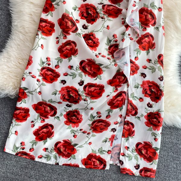 French Style Retro Kikyo Tea Dress Rose Dress Tight Waist Slimming Elegant Slightly Mature Style Split Floral Dress for Women - Image 4