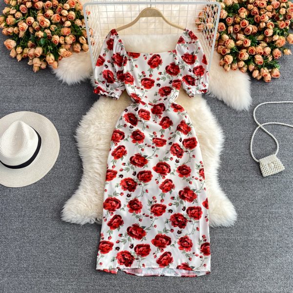 French Style Retro Kikyo Tea Dress Rose Dress Tight Waist Slimming Elegant Slightly Mature Style Split Floral Dress for Women - Image 5