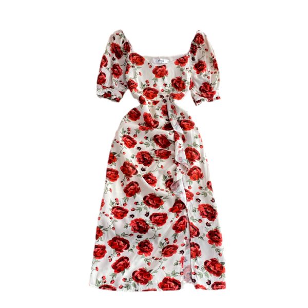French Style Retro Kikyo Tea Dress Rose Dress Tight Waist Slimming Elegant Slightly Mature Style Split Floral Dress for Women - Image 6
