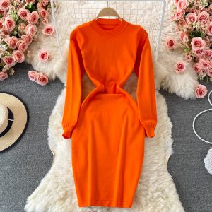 round Neck Stretch Knitted Dress for Women Autumn and Winter Slim Fit Slim and Sexy Overknee Sweater Dress Base Narrow Skirt