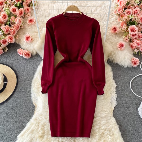 round Neck Stretch Knitted Dress for Women Autumn and Winter Slim Fit Slim and Sexy Overknee Sweater Dress Base Narrow Skirt - Image 3