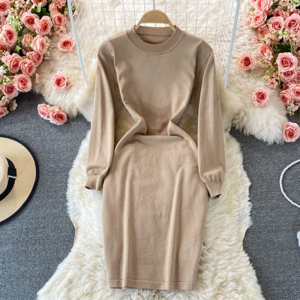 round Neck Stretch Knitted Dress for Women Autumn and Winter Slim Fit Slim and Sexy Overknee Sweater Dress Base Narrow Skirt - Image 4