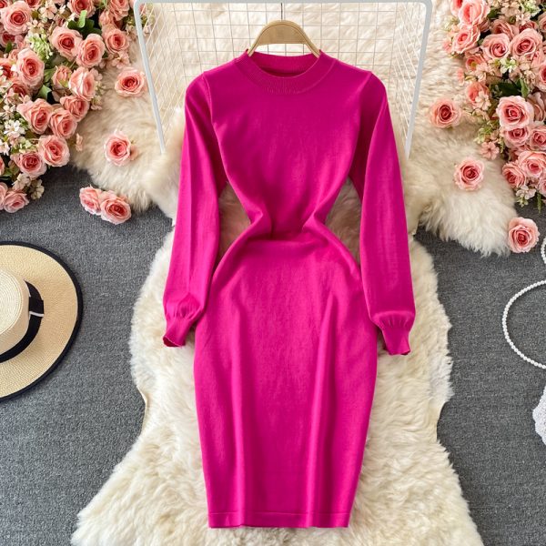 round Neck Stretch Knitted Dress for Women Autumn and Winter Slim Fit Slim and Sexy Overknee Sweater Dress Base Narrow Skirt - Image 5