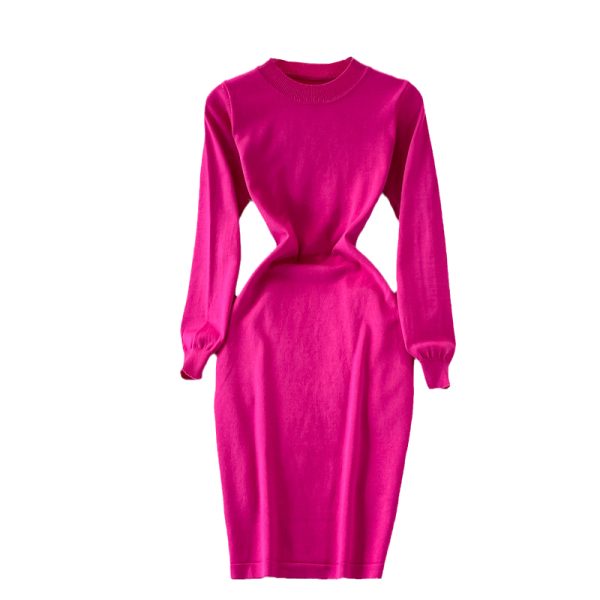 round Neck Stretch Knitted Dress for Women Autumn and Winter Slim Fit Slim and Sexy Overknee Sweater Dress Base Narrow Skirt - Image 6