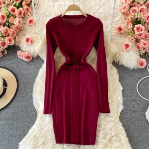 Autumn European and American round neck waist slimming long-sleeved tie stretch-wrapped hip knitted tight-fitting skirt