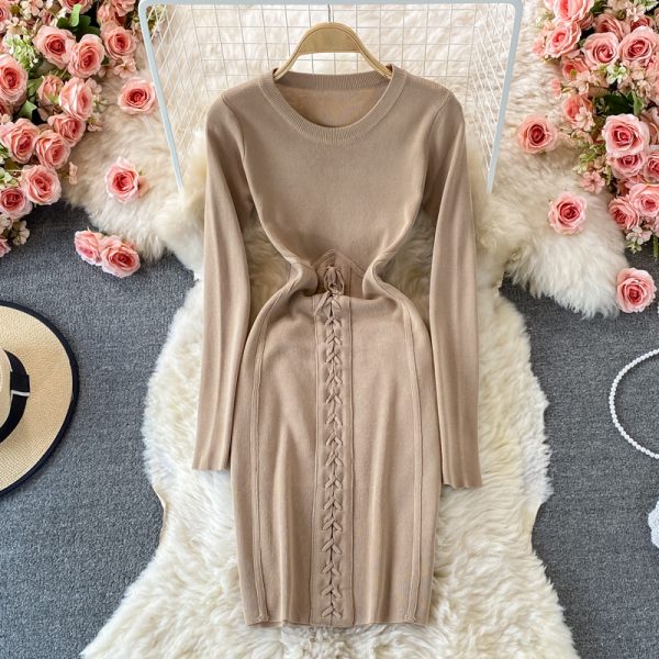 Autumn European and American round neck waist slimming long-sleeved tie stretch-wrapped hip knitted tight-fitting skirt - Image 3