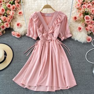 summer New Lace-up Waist-Controlled Slimming Mid-Length Elegant Ruffle Puff Sleeve V-neck A- line Dress