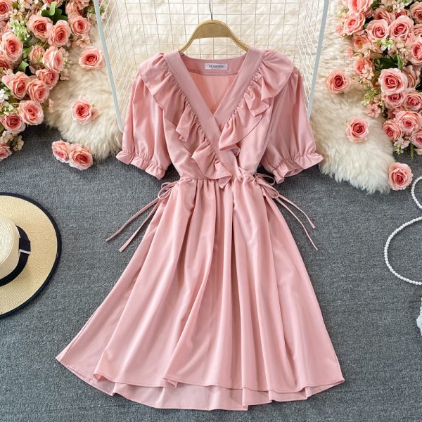 summer New Lace-up Waist-Controlled Slimming Mid-Length Elegant Ruffle Puff Sleeve V-neck A- line Dress - Image 2