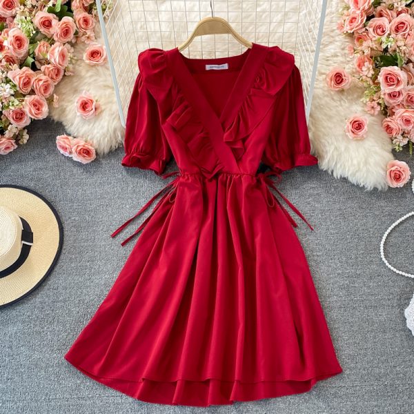 summer New Lace-up Waist-Controlled Slimming Mid-Length Elegant Ruffle Puff Sleeve V-neck A- line Dress - Image 3