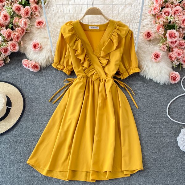 summer New Lace-up Waist-Controlled Slimming Mid-Length Elegant Ruffle Puff Sleeve V-neck A- line Dress - Image 4