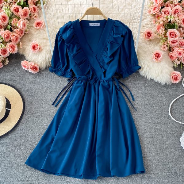 summer New Lace-up Waist-Controlled Slimming Mid-Length Elegant Ruffle Puff Sleeve V-neck A- line Dress - Image 5