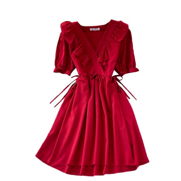 summer New Lace-up Waist-Controlled Slimming Mid-Length Elegant Ruffle Puff Sleeve V-neck A- line Dress - Image 6