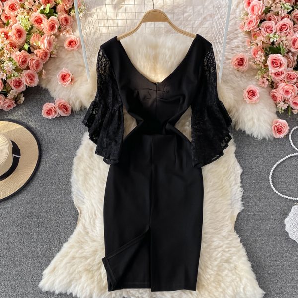 Autumn Korean Style New Sexy Lace Patchwork Flared Sleeves V-neck Business Ol Temperament Split Sheath Dress