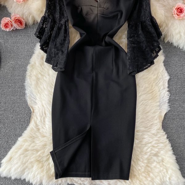 Autumn Korean Style New Sexy Lace Patchwork Flared Sleeves V-neck Business Ol Temperament Split Sheath Dress - Image 4
