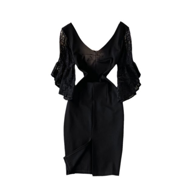 Autumn Korean Style New Sexy Lace Patchwork Flared Sleeves V-neck Business Ol Temperament Split Sheath Dress - Image 6