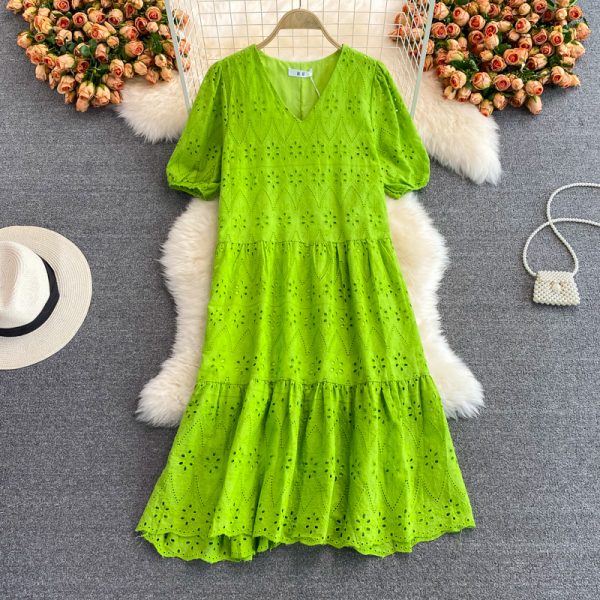 Seaside Holiday Beach Dress V-neck Puff Sleeve Dress Summer Loose Slimming Dignified Hollow Large Swing Dress - Image 5