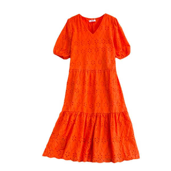Seaside Holiday Beach Dress V-neck Puff Sleeve Dress Summer Loose Slimming Dignified Hollow Large Swing Dress - Image 6
