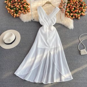 Seaside Holiday V-neck Sexy Backless Beach Skirt Summer Elegant Waist Trimming Ruffles White Dress Dress