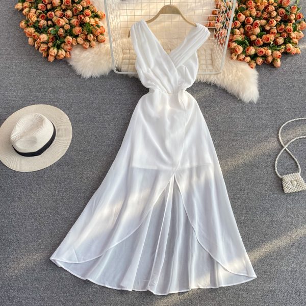 Seaside Holiday V-neck Sexy Backless Beach Skirt Summer Elegant Waist Trimming Ruffles White Dress Dress - Image 2