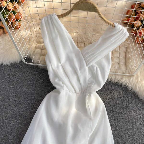 Seaside Holiday V-neck Sexy Backless Beach Skirt Summer Elegant Waist Trimming Ruffles White Dress Dress - Image 3