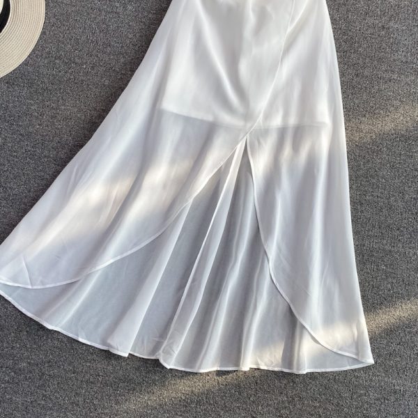Seaside Holiday V-neck Sexy Backless Beach Skirt Summer Elegant Waist Trimming Ruffles White Dress Dress - Image 4