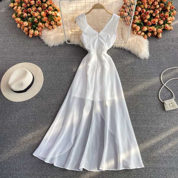 Seaside Holiday V-neck Sexy Backless Beach Skirt Summer Elegant Waist Trimming Ruffles White Dress Dress - Image 5