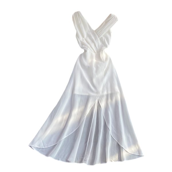 Seaside Holiday V-neck Sexy Backless Beach Skirt Summer Elegant Waist Trimming Ruffles White Dress Dress - Image 6