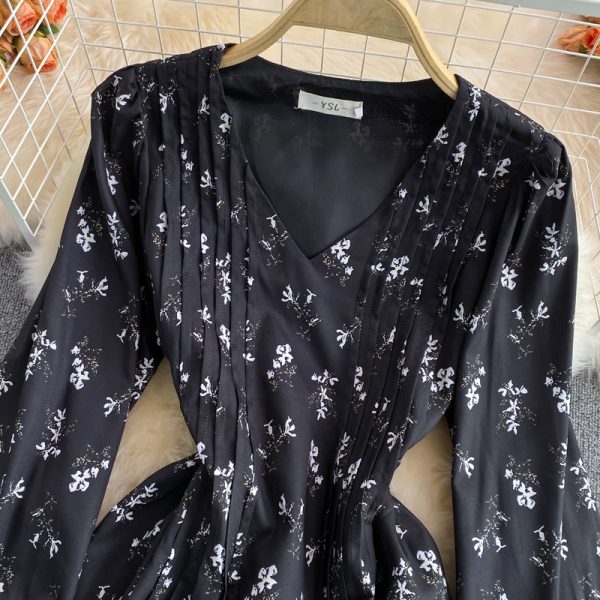 Autumn New Lightly Mature Adult Lady like Woman Puff Sleeve V-neck Floral Dress Elegant Graceful Swing Long Dress - Image 3