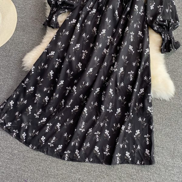 Autumn New Lightly Mature Adult Lady like Woman Puff Sleeve V-neck Floral Dress Elegant Graceful Swing Long Dress - Image 4