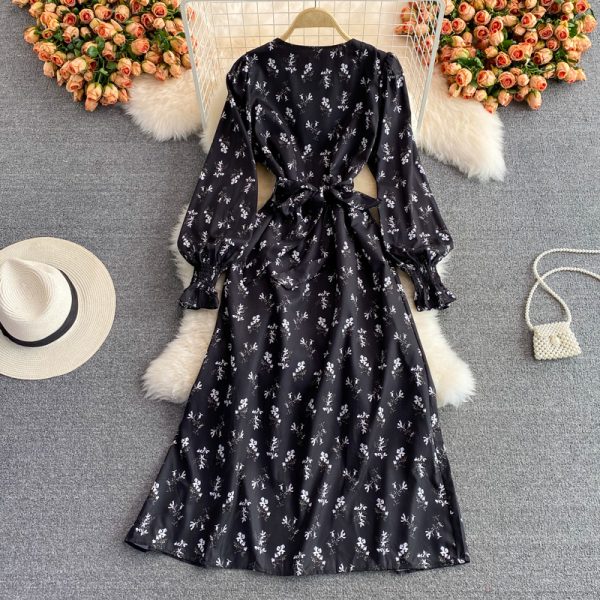 Autumn New Lightly Mature Adult Lady like Woman Puff Sleeve V-neck Floral Dress Elegant Graceful Swing Long Dress - Image 5