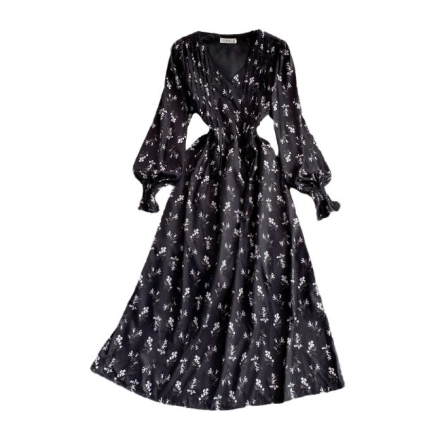 Autumn New Lightly Mature Adult Lady like Woman Puff Sleeve V-neck Floral Dress Elegant Graceful Swing Long Dress - Image 6