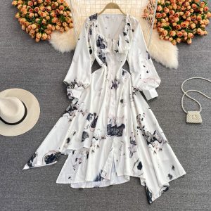 French ink painting square neck dress autumn new light mature wind irregular temperament long sleeve waist waist dress