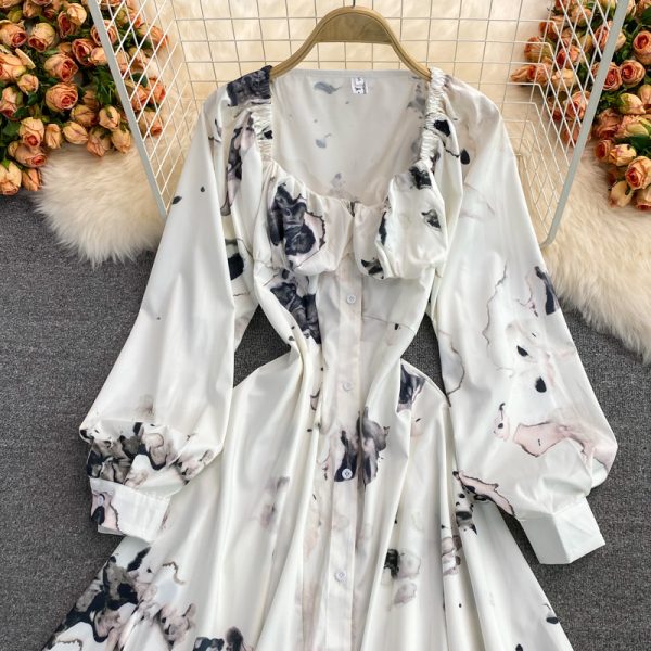 French ink painting square neck dress autumn new light mature wind irregular temperament long sleeve waist waist dress - Image 3