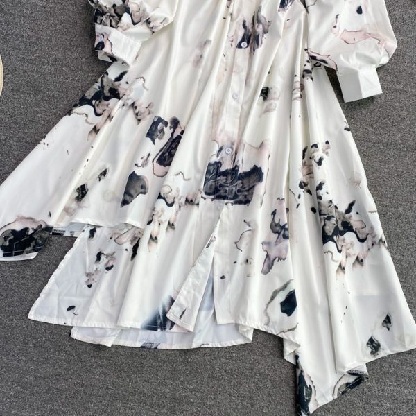 French ink painting square neck dress autumn new light mature wind irregular temperament long sleeve waist waist dress - Image 4