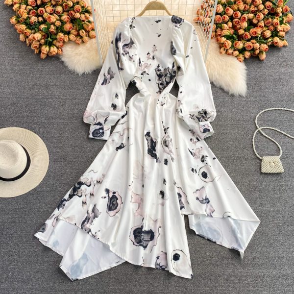 French ink painting square neck dress autumn new light mature wind irregular temperament long sleeve waist waist dress - Image 5