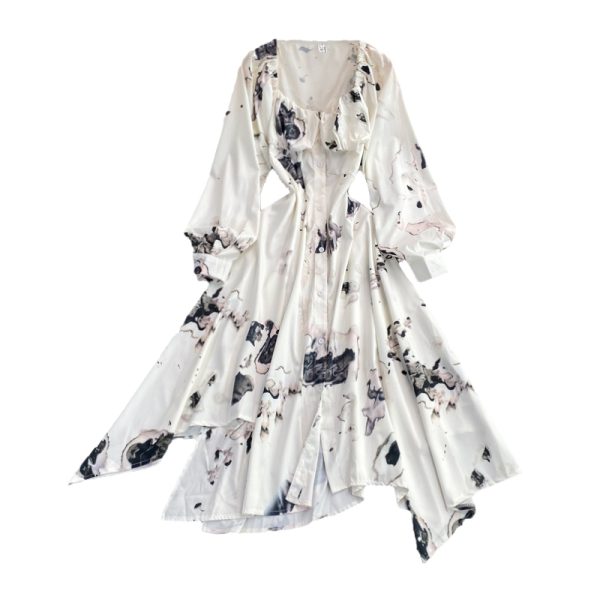 French ink painting square neck dress autumn new light mature wind irregular temperament long sleeve waist waist dress - Image 6