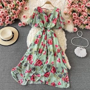 V-neck Backless Chiffon Dress Summer Goddess Temperament Elegant Printed Seaside Holiday Large Swing Dress