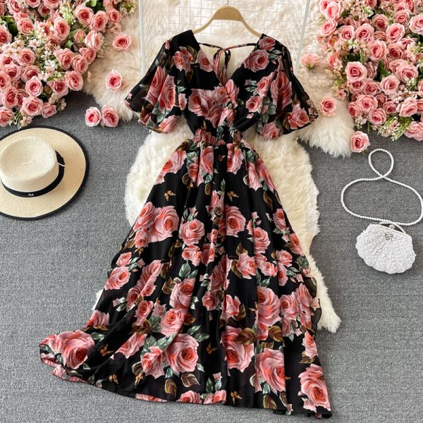 V-neck Backless Chiffon Dress Summer Goddess Temperament Elegant Printed Seaside Holiday Large Swing Dress - Image 3
