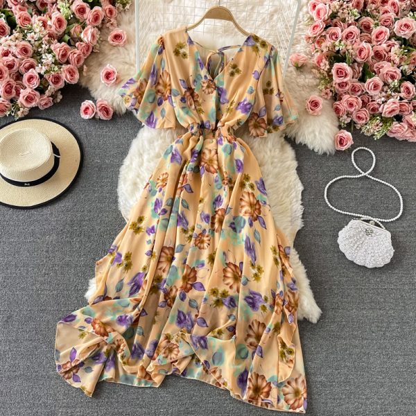 V-neck Backless Chiffon Dress Summer Goddess Temperament Elegant Printed Seaside Holiday Large Swing Dress - Image 4