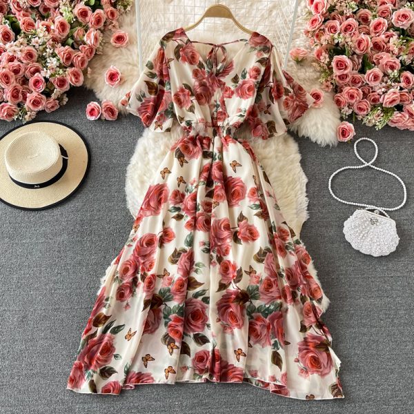 V-neck Backless Chiffon Dress Summer Goddess Temperament Elegant Printed Seaside Holiday Large Swing Dress - Image 5