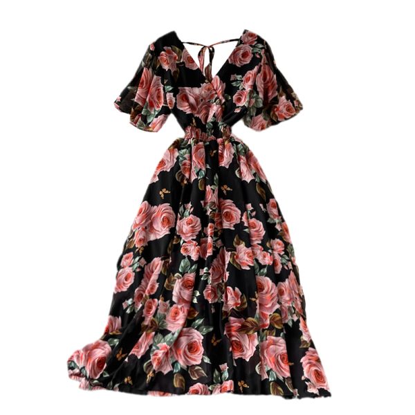 V-neck Backless Chiffon Dress Summer Goddess Temperament Elegant Printed Seaside Holiday Large Swing Dress - Image 6