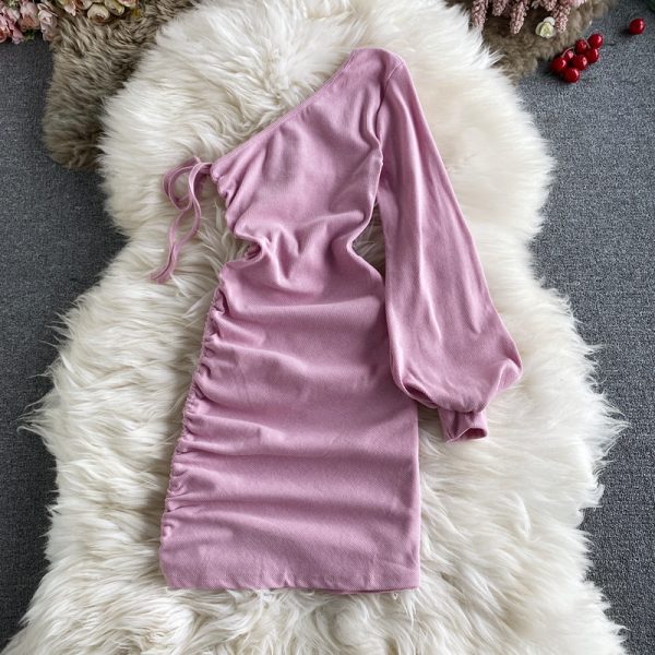 Sexy slanted collar strapless female autumn new style temperament light mature wind Yujie long-sleeved irregular hip skirt - Image 3